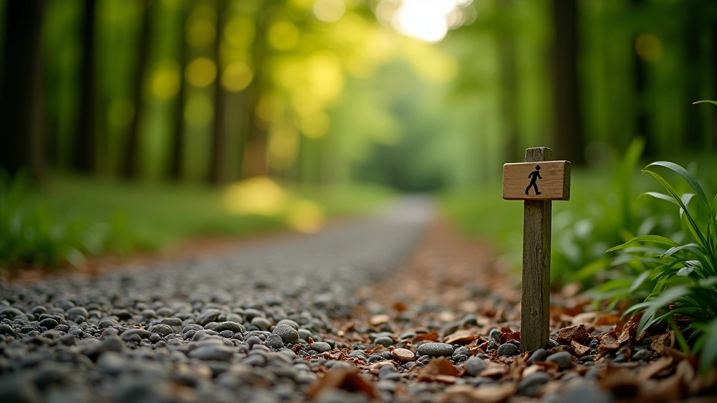 Close-up of well-maintained gravel trail surface with wooden trail marker sign in forest setting