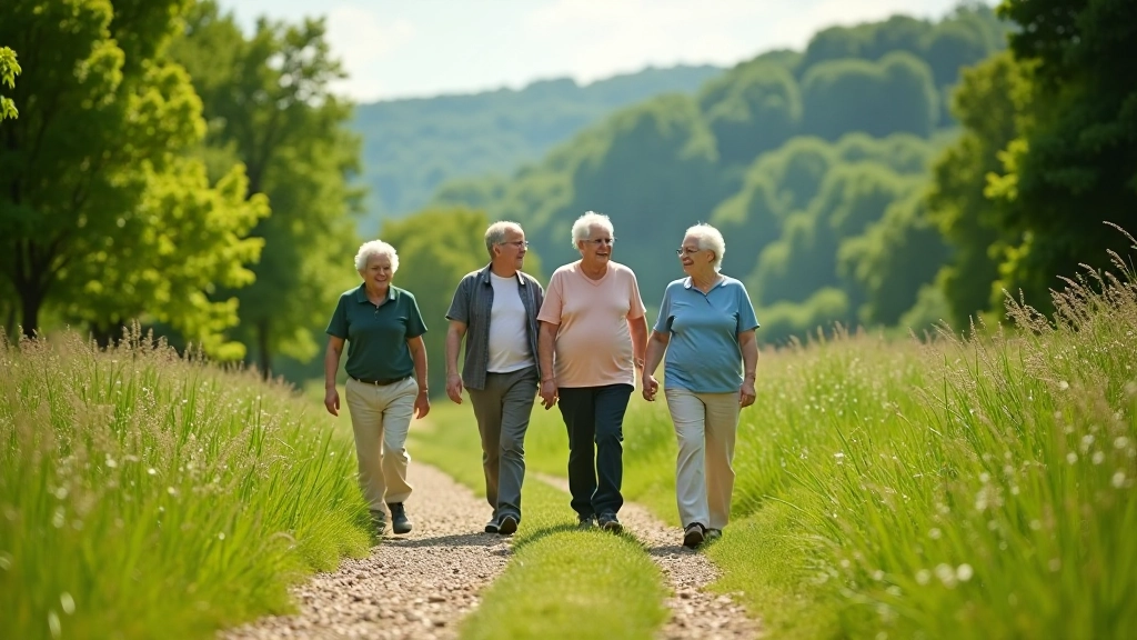 Group of older adults walking along a scenic riverside trail in the Neris valley