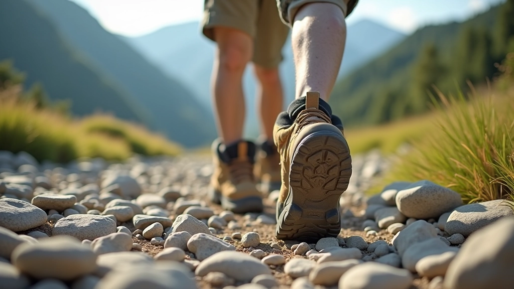 Person's feet in hiking boots standing on rocky mountain trail, showing proper footwear placement on uneven terrain