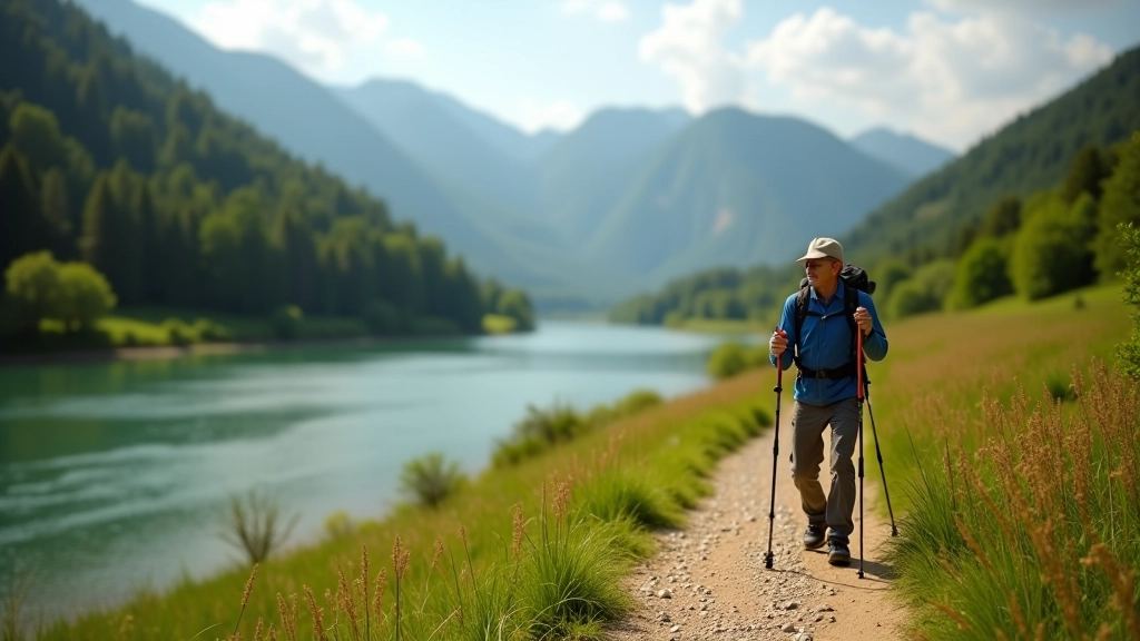 Hiker wearing trekking poles walking on riverside trail with river visible in background, scenic valley landscape