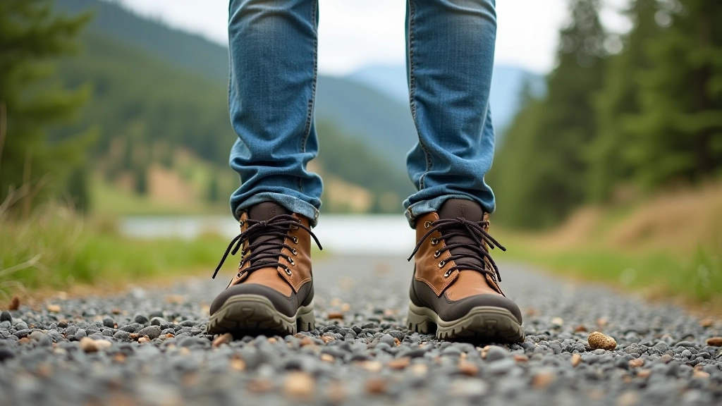 Hiking boots on gravel trail surface with river valley landscape in background, outdoor gear perspective