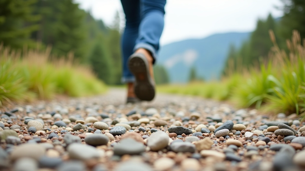 Close-up of walking boots on gravel path with river valley scenery in background, outdoor trail
