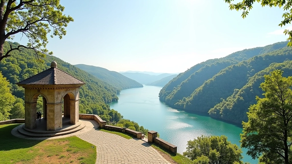 Historic stone viewpoint structure with river panorama, vintage architecture overlooking Neris waterway