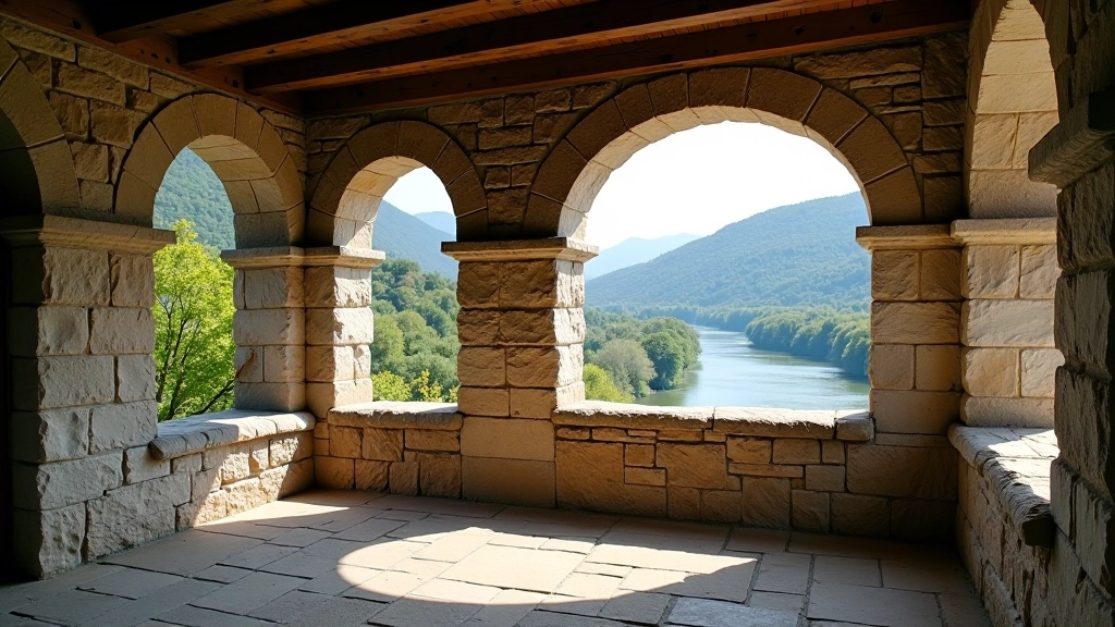 Historic stone pavilion structure with arched windows overlooking river valley, restored architecture, riverside panorama