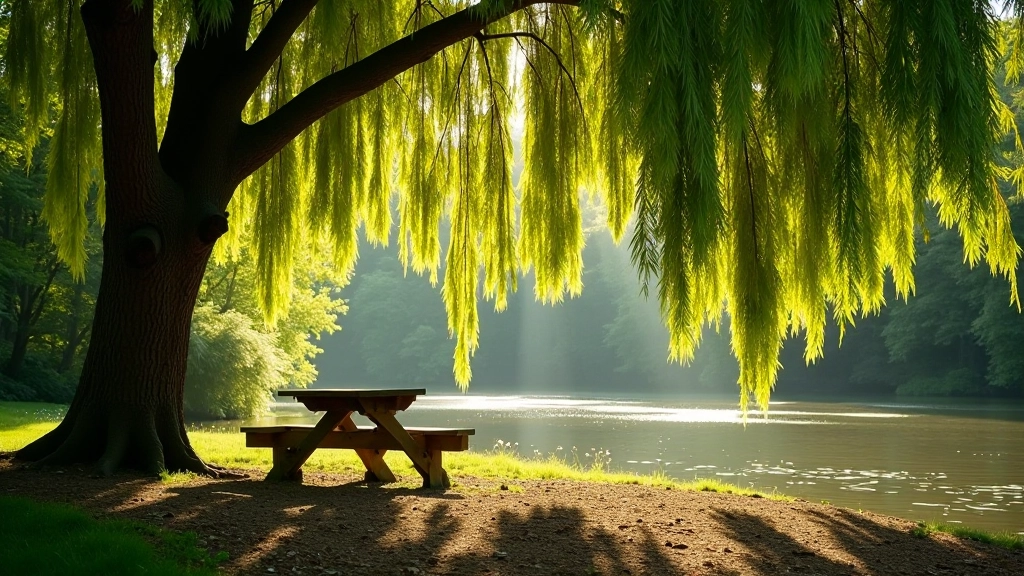 Intimate riverside seating area with willow tree shade, natural landscaping, peaceful setting, water visible through foliage