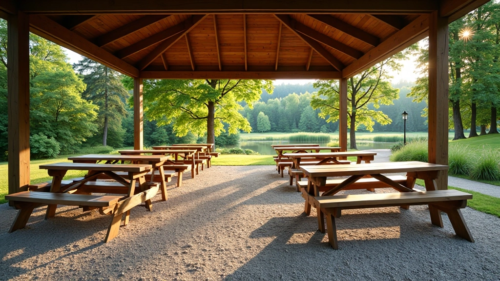 Group picnic area with multiple covered tables, open pavilion structure, gravel ground, forest backdrop