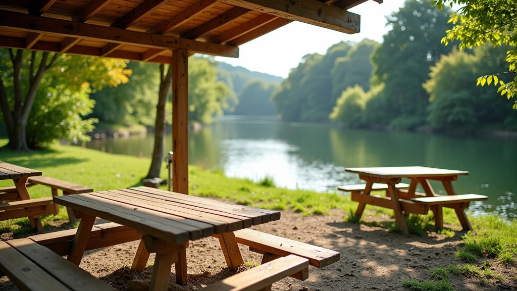 Riverside picnic area with wooden tables under shelter, river visible, peaceful outdoor seating with water access