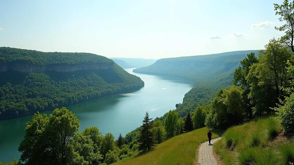 Panoramic river valley view from elevated viewpoint, sweeping landscape with water, trees, and distant hills under bright sky