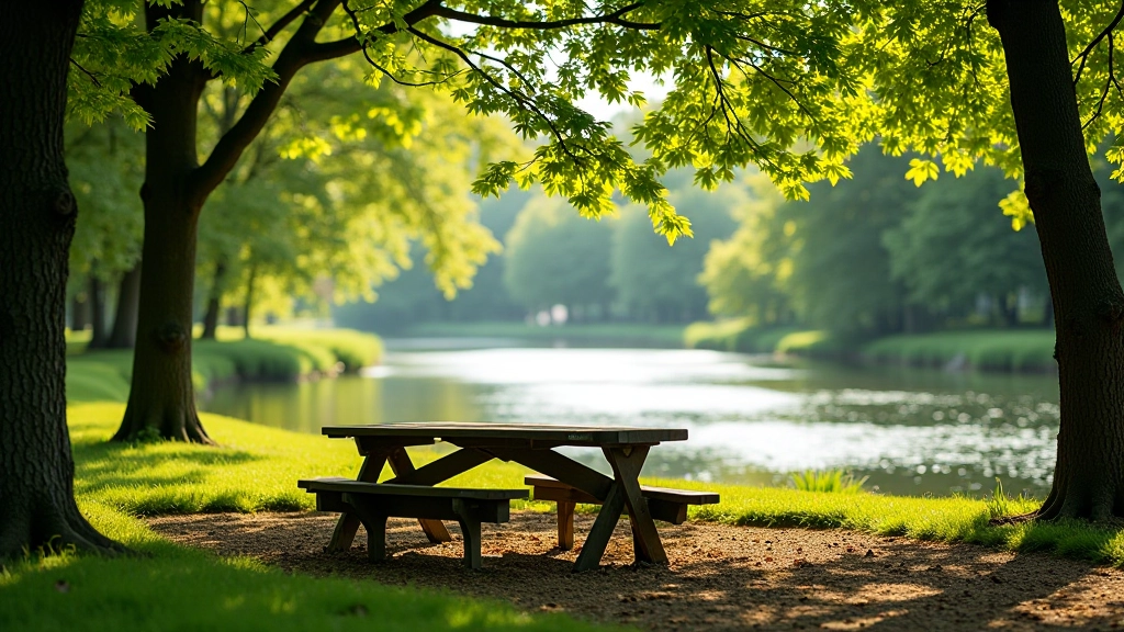 Picnic table in shaded riverside park area with dappled sunlight, forest backdrop, peaceful setting