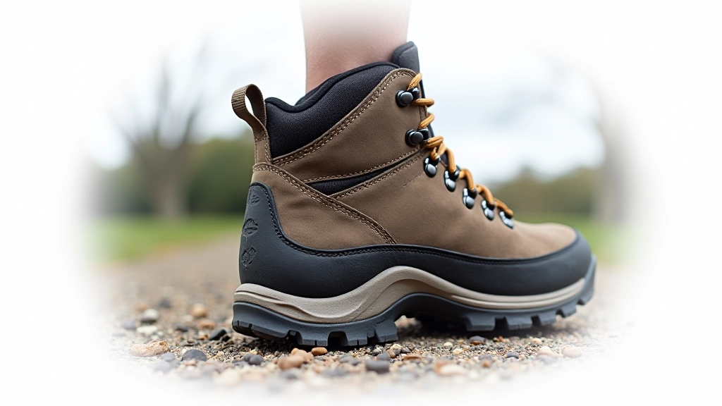 Hiking boot sole showing aggressive tread pattern, close-up detail of shoe design and material construction