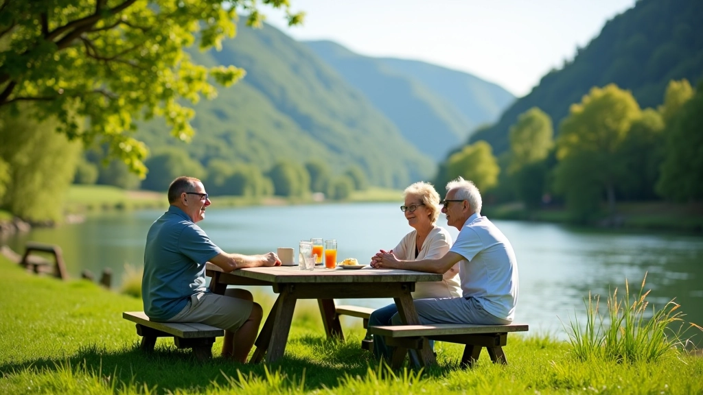 Picnic setup on a grassy riverside spot with benches and river view