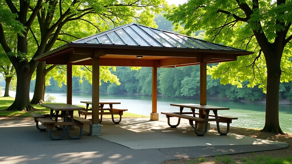 Covered riverside picnic shelter with multiple tables, metal roof structure, paved ground surface, daytime light