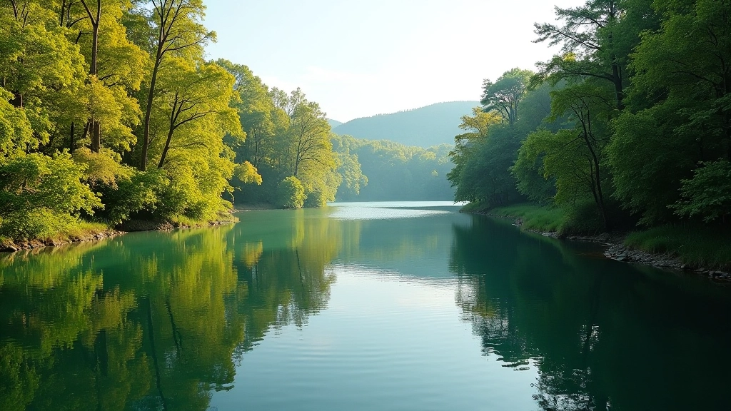 River valley landscape showing seasonal changes with trees reflecting in calm water and sky