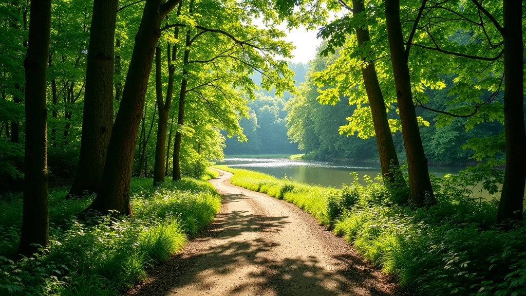 Peaceful forest path along riverbank with dappled sunlight filtering through trees, natural woodland setting
