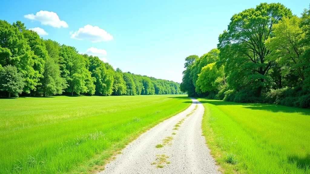 Wide gravel trail through green riverside meadow with river visible in distance and trees lining both sides