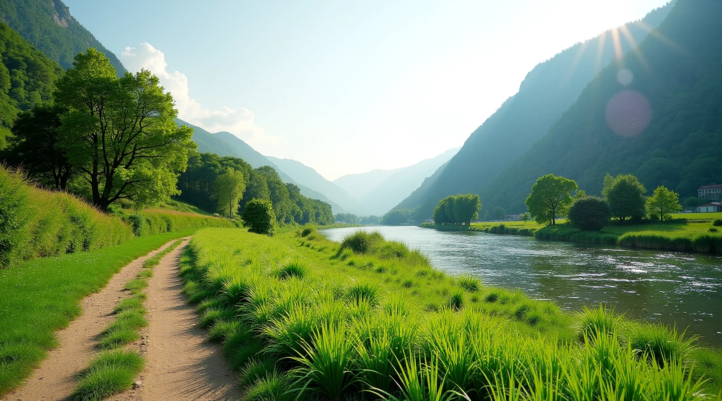 Scenic riverside valley with walking path and green hillsides overlooking the Neris River