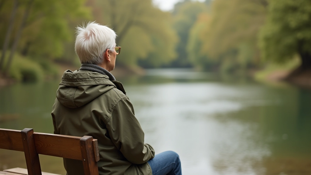 Person sitting on wooden bench overlooking river valley, peaceful scenic view, calm water reflections, distant tree line