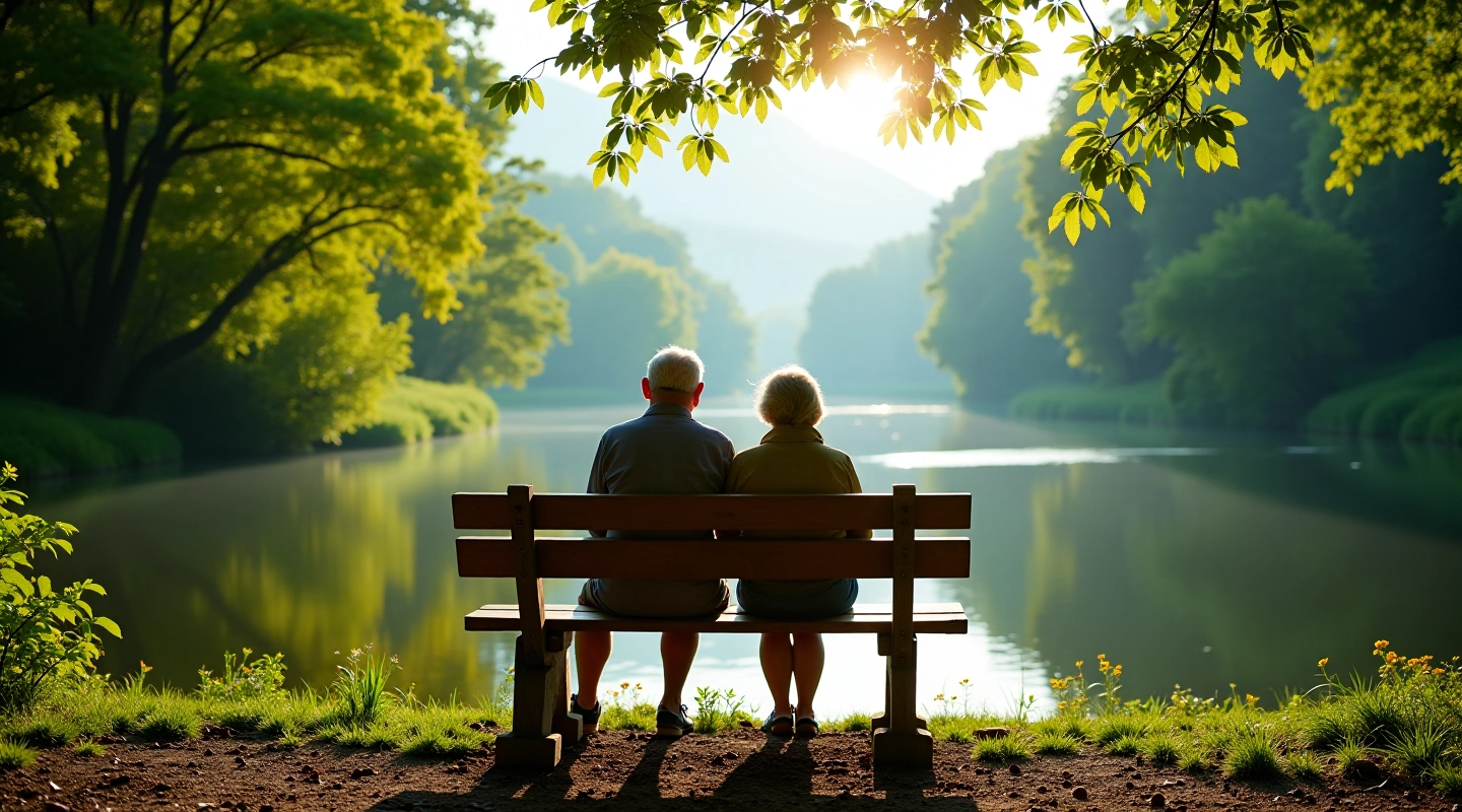 Scenic wooden bench overlooking the Neris River valley with lush green banks and water reflections