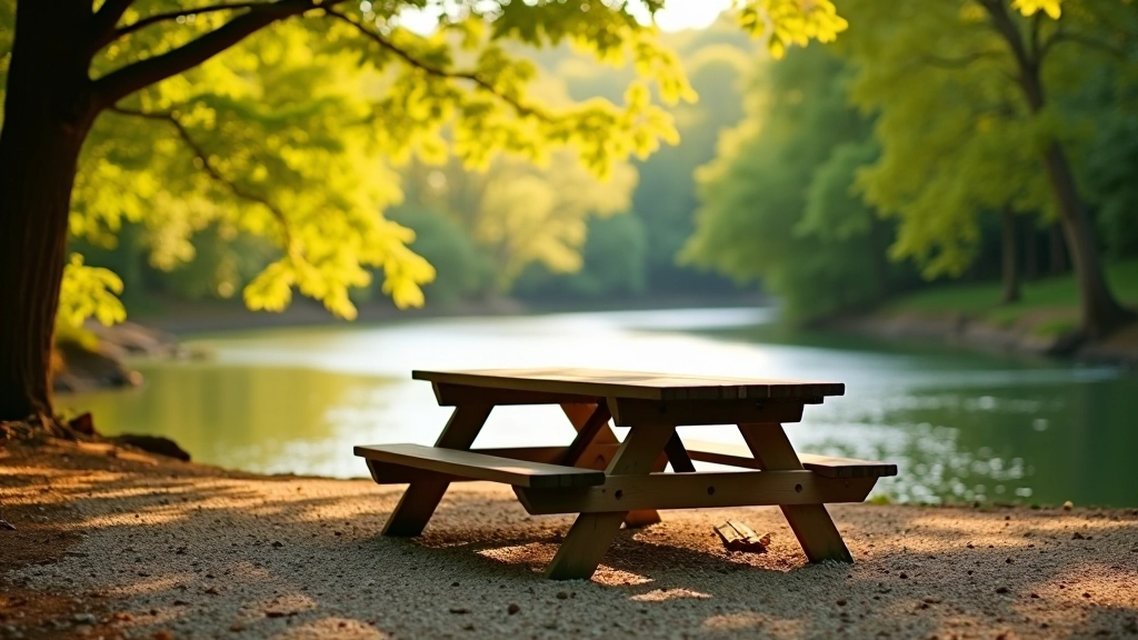 Wooden picnic table on gravel ground with river visible beyond, natural tree canopy overhead, scenic backdrop